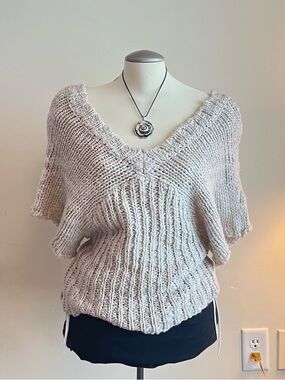 Chunky V-Neck Knit Sweater in Light Beige Cream poncho knit top